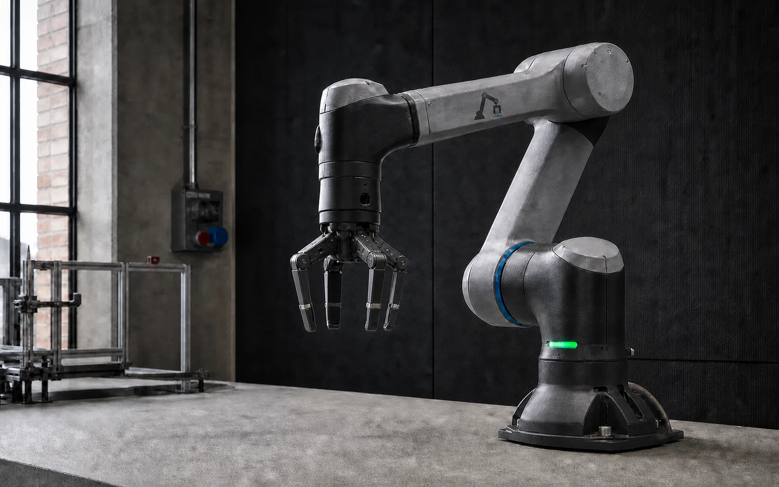 Krafters Robotics concept hardware with a four-finger gripper in a controlled workroom