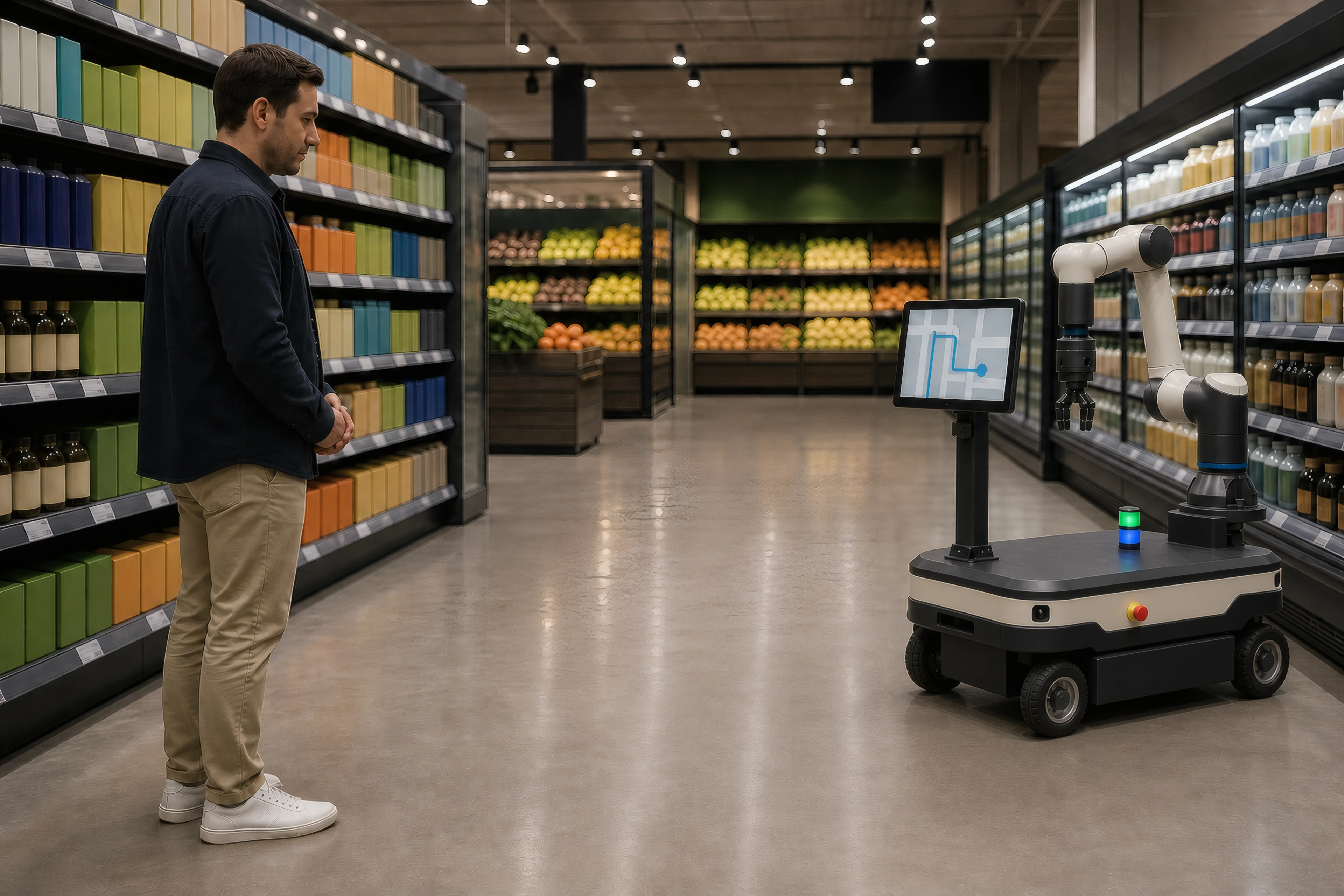 Grocery concept showing one mobile robot with its arm safely parked while a shopper reads an aisle route
