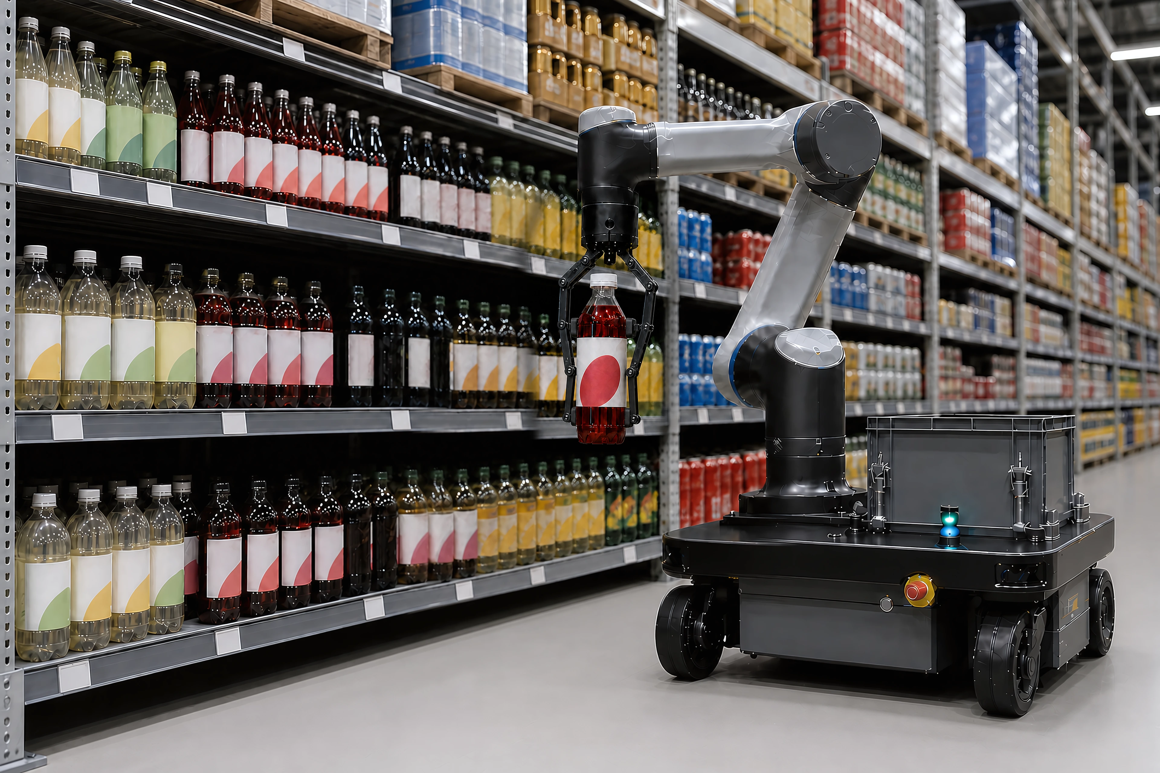 Grocery concept showing one mobile robot arm moving a bottled product from a stock tote to a shelf