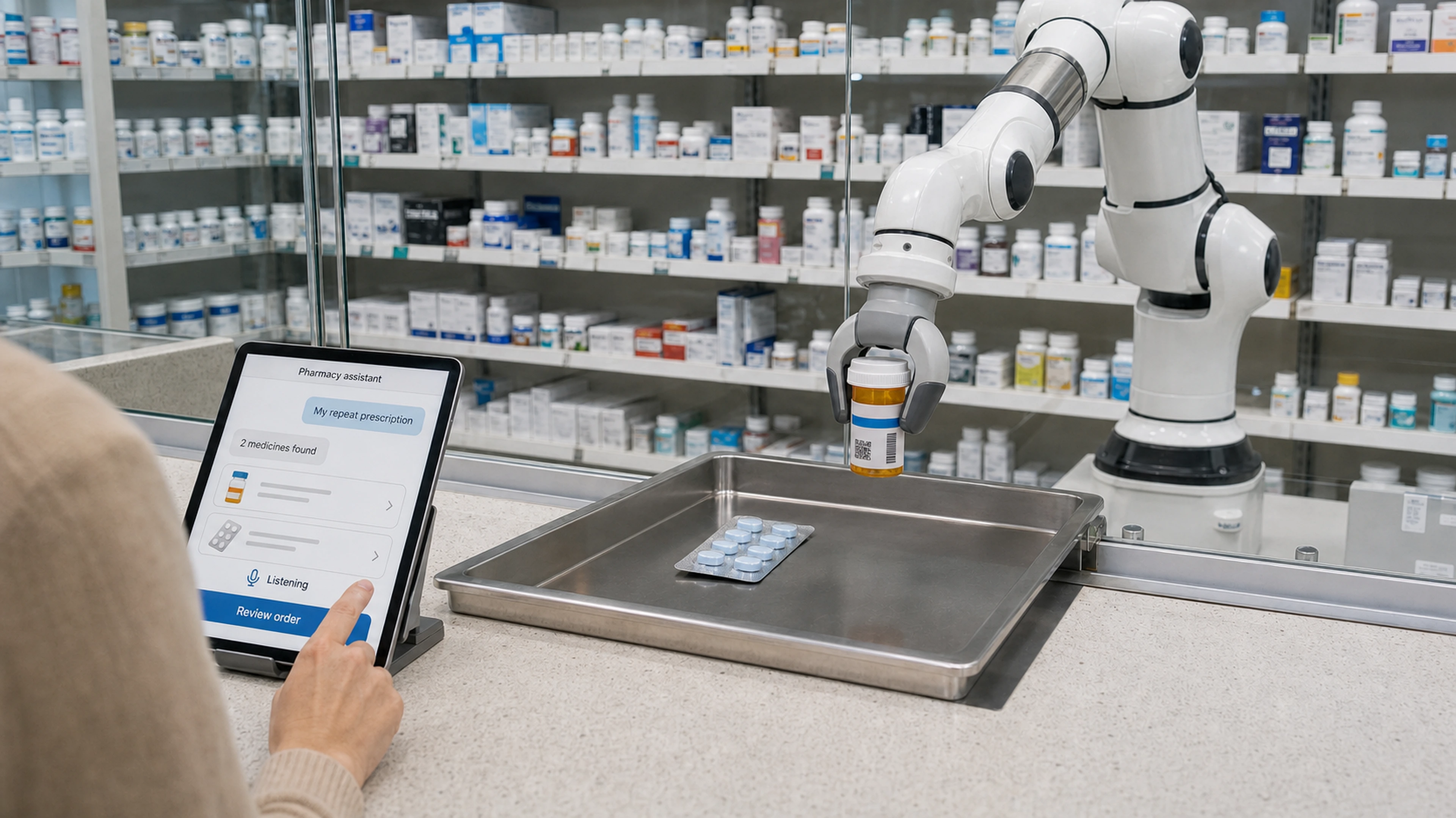 Pharmacy concept showing a customer reviewing a medicine order on a tablet while a robot arm holds a sealed prescription bottle above a transfer tray