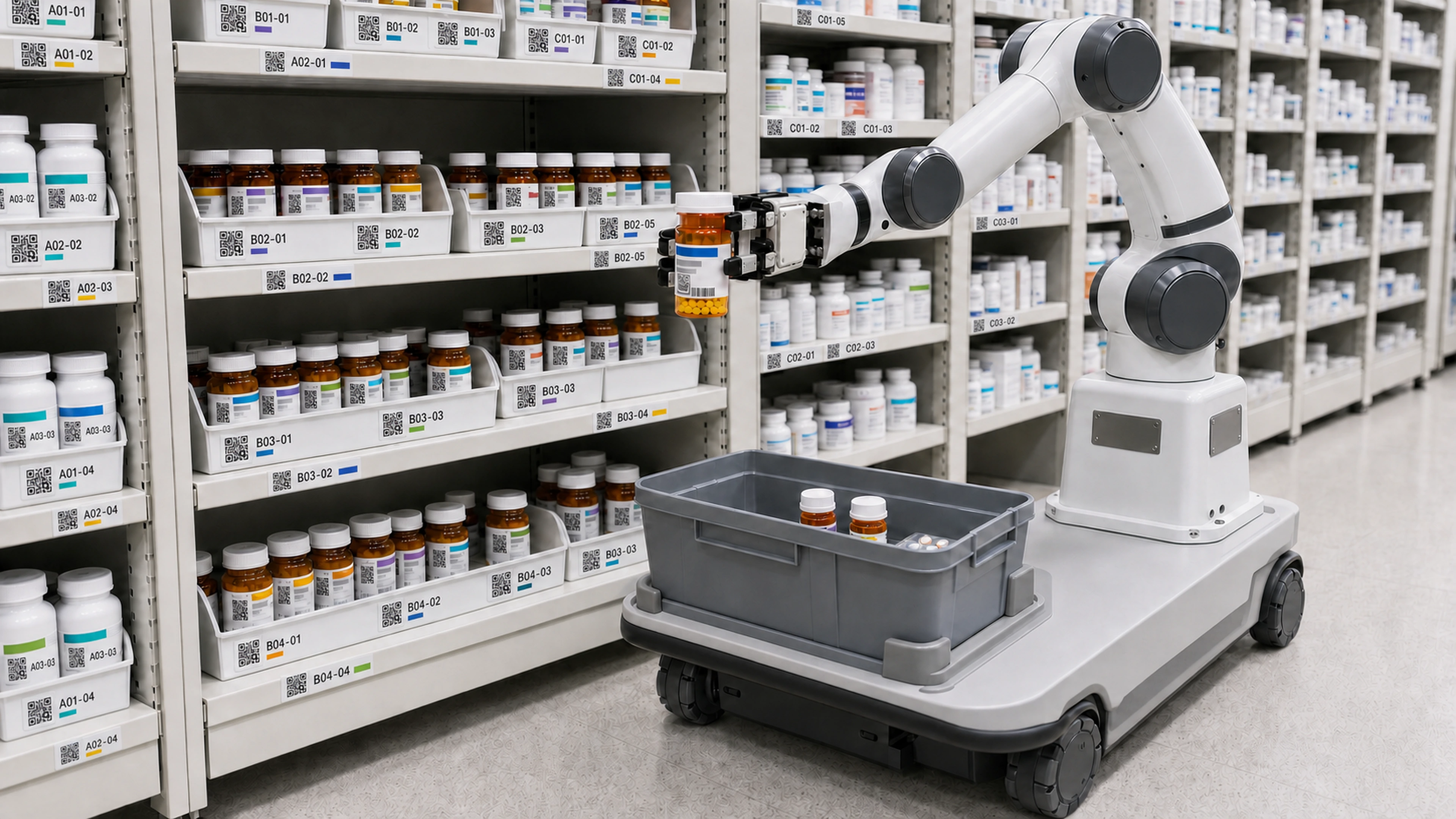 Pharmacy stock-room concept showing a mobile robot arm retrieving a sealed medicine bottle beside a secured tote and QR-labelled shelves