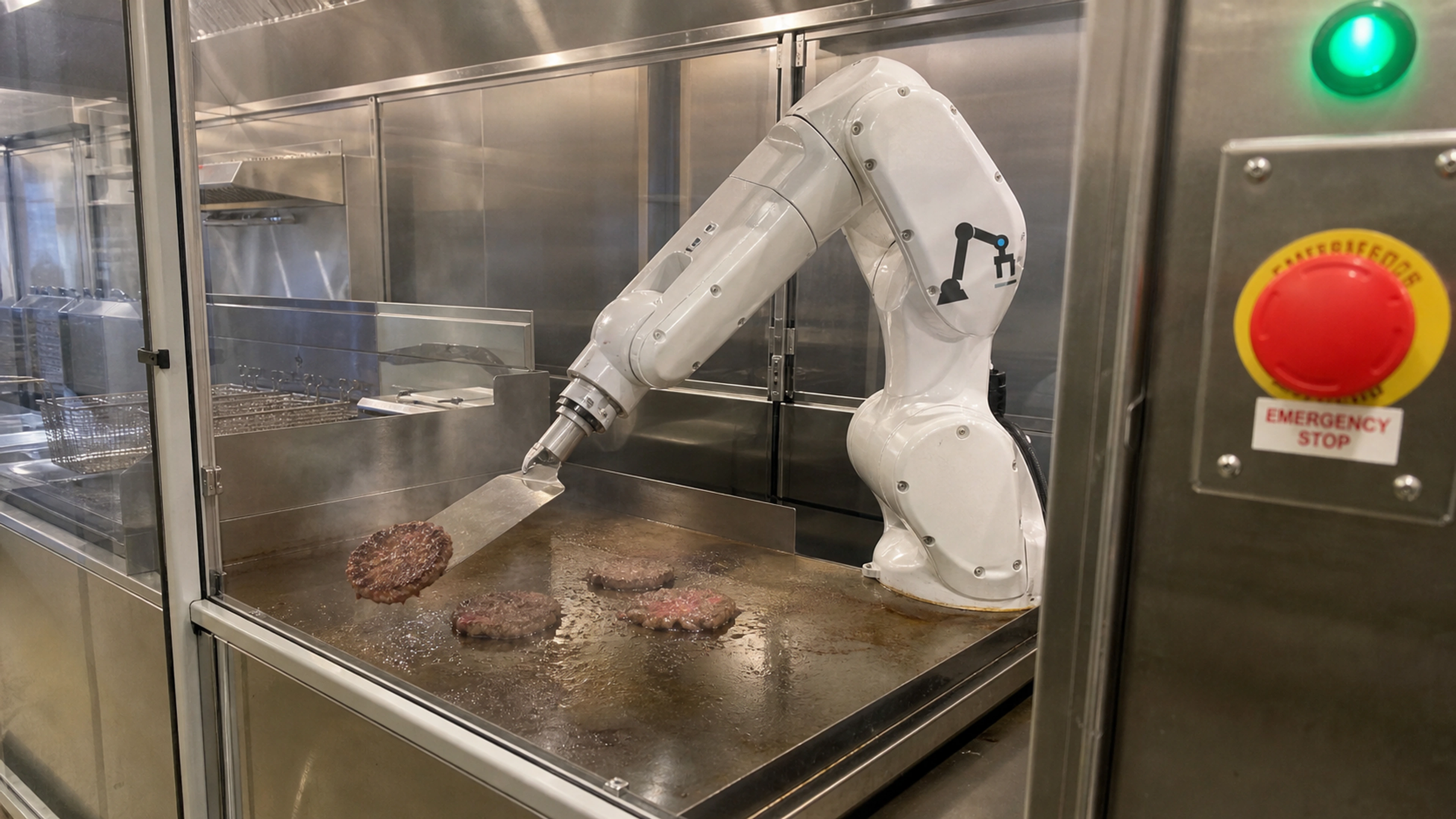 Restaurant concept showing an enclosed robot arm using a sanitary stainless turner to handle burger patties on a commercial flat-top griddle
