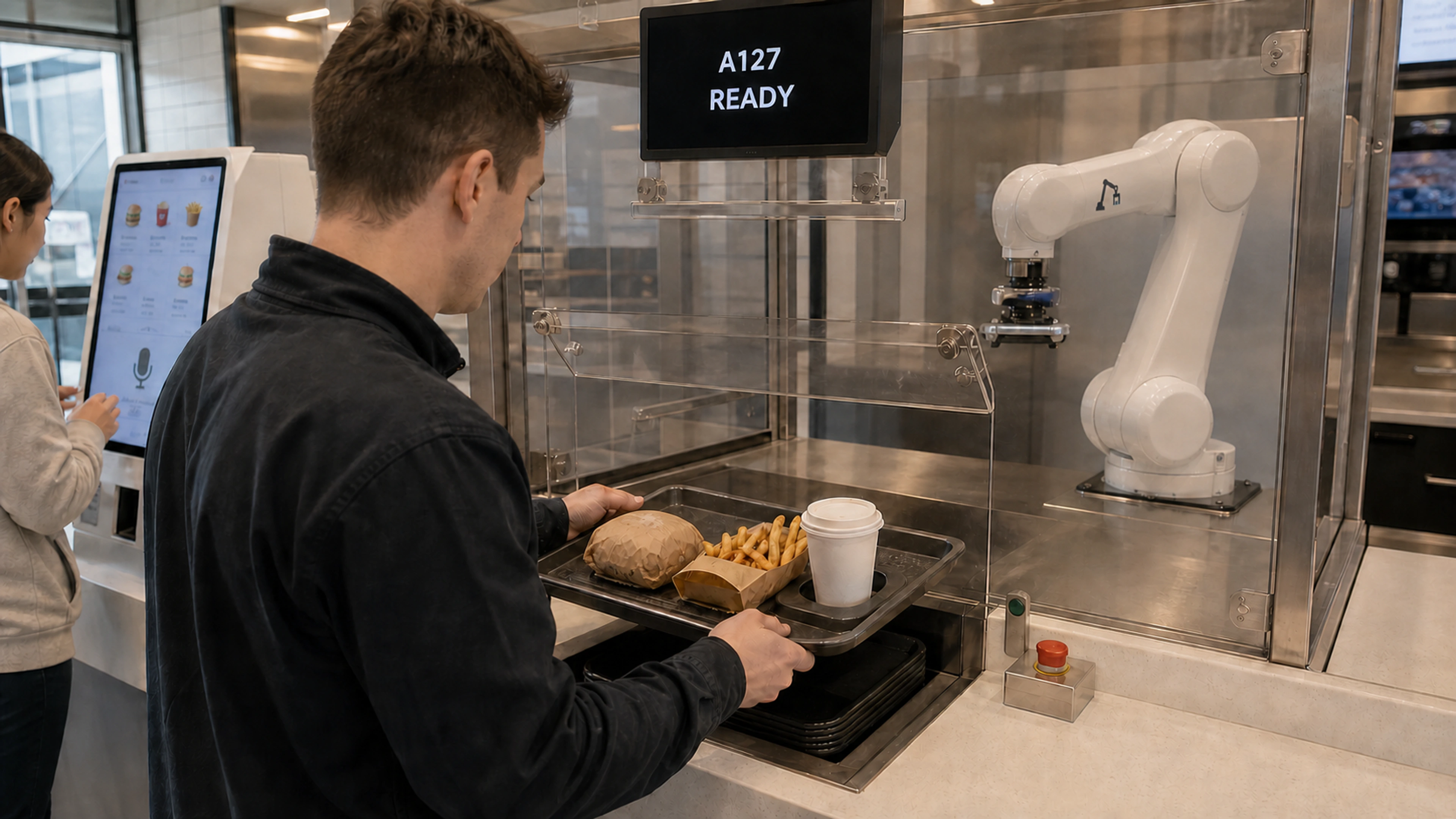 Restaurant concept showing a customer lifting order A127 from a self-leveling tray dispenser while the robot arm remains retracted behind a locked glass safety shutter